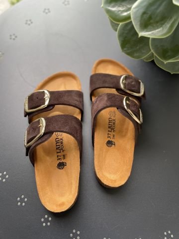 Land of Cork Doğal Mantar Taban Anatomik Büyük Toka Hakiki Süet Deri Terlik