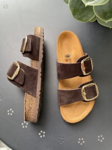 Land of Cork Doğal Mantar Taban Anatomik Büyük Toka Hakiki Süet Deri Terlik