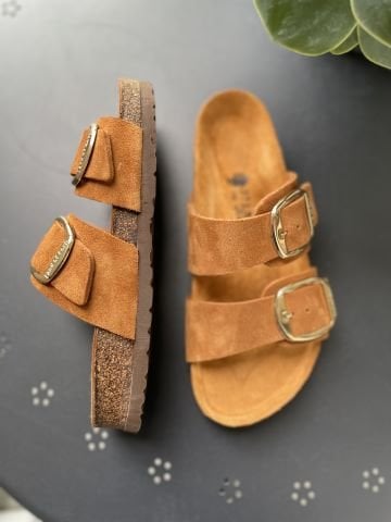 Land of Cork Anatomik Doğal Mantar Tabanlı Büyük Toka Hakiki Deri Terlik