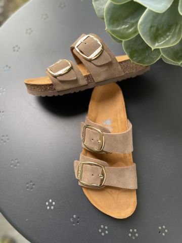 Land of Cork Anatomik Doğal Mantar Taban Büyük Toka Hakiki Süet Deri Terlik