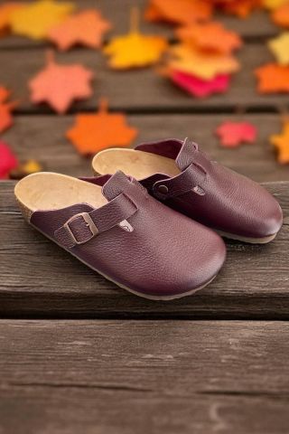 Land of Cork | Mor Hakiki Deri Unisex Anatomik Terlik – Silinebilir Doğal Mantar Tabanlı
