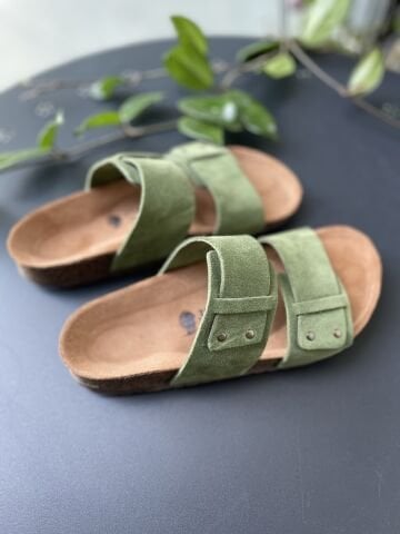 Land of Cork doğal mantar taban yeşil süet deri terlik