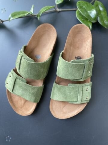 Land of Cork doğal mantar taban yeşil süet deri terlik