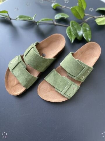 Land of Cork doğal mantar taban yeşil süet deri terlik