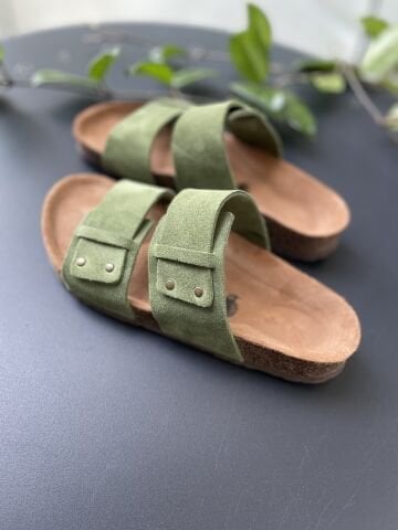 Land of Cork doğal mantar taban yeşil süet deri terlik