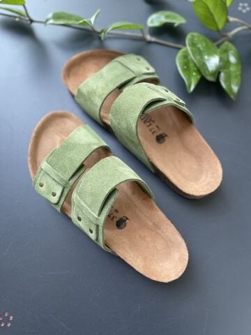 Land of Cork doğal mantar taban yeşil süet deri terlik