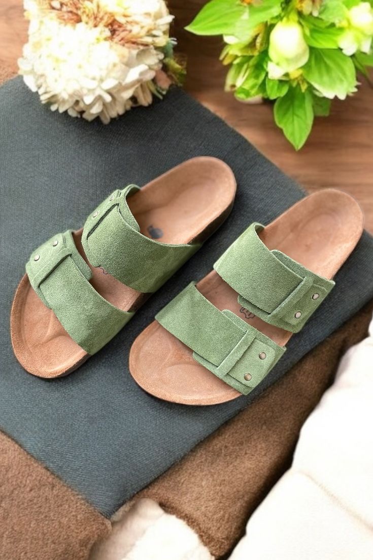 Land of Cork doğal mantar taban yeşil süet deri terlik