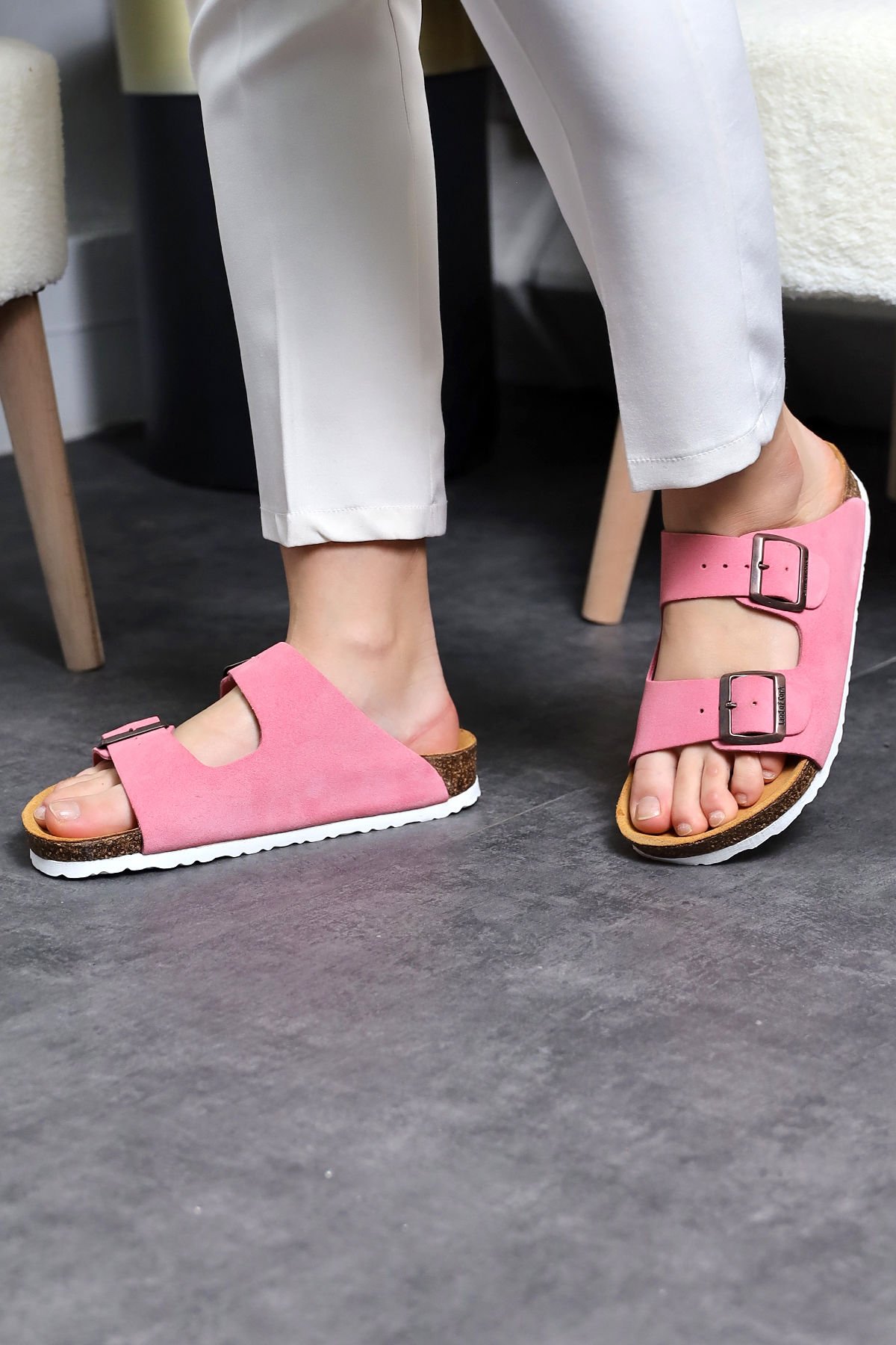 Land of Cork doğal mantar taban şeker pembe süet deri terlik