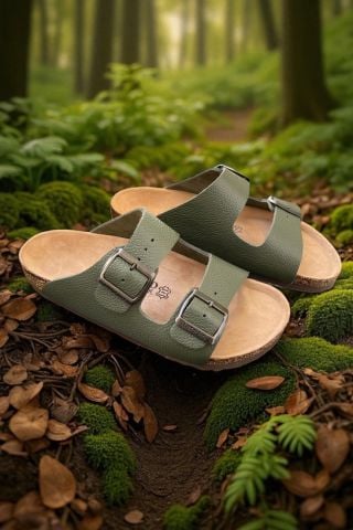 Land of Cork Yeşil Hakiki Deri Çift Toka Terlik – Doğal Mantar Taban, Anatomik Unisex