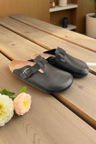 Land of Cork | Siyah Hakiki Deri Unisex Anatomik Terlik – Silinebilir Doğal Mantar Tabanlı