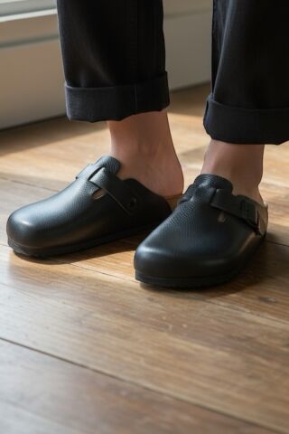 Land of Cork | Siyah Hakiki Deri Unisex Anatomik Terlik – Silinebilir Doğal Mantar Tabanlı