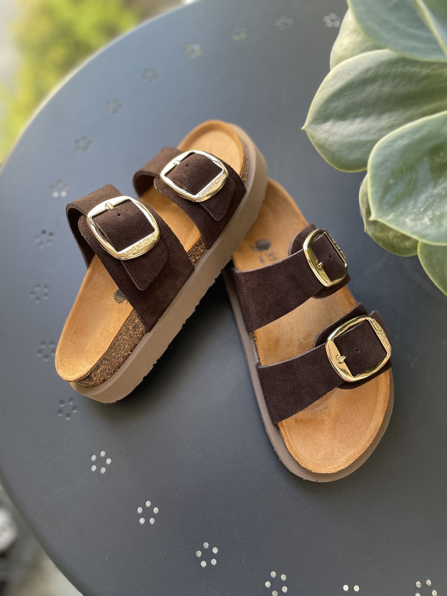 Land of Cork Anatomik Doğal Mantar Taban Büyük Toka Platform Taban Hakiki Süet Deri Terlik