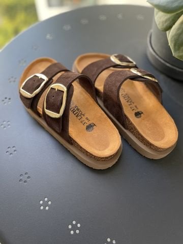 Land of Cork Anatomik Doğal Mantar Taban Büyük Toka Platform Taban Hakiki Süet Deri Terlik