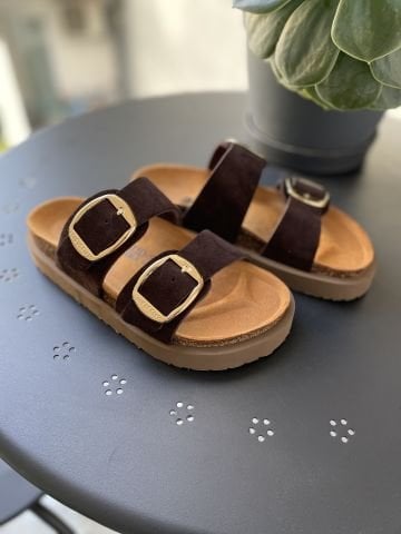 Land of Cork Anatomik Doğal Mantar Taban Büyük Toka Platform Taban Hakiki Süet Deri Terlik