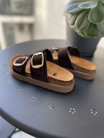 Land of Cork Anatomik Doğal Mantar Taban Büyük Toka Platform Taban Hakiki Süet Deri Terlik