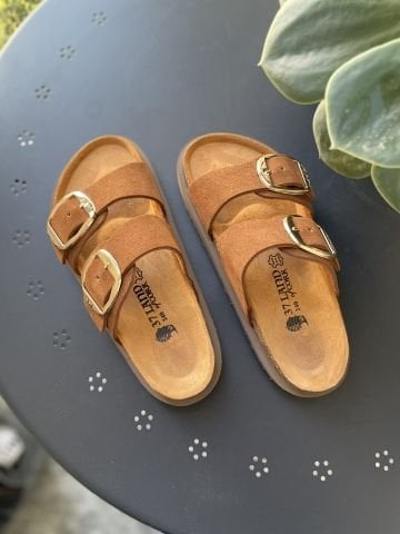 Land of Cork Anatomik Doğal Mantar Taban Büyük Toka Platform Taban Hakiki Süet Deri Terlik