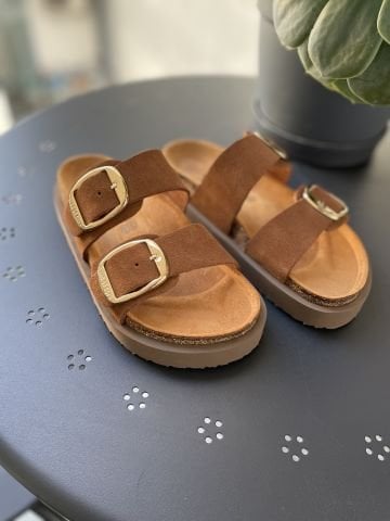 Land of Cork Anatomik Doğal Mantar Taban Büyük Toka Platform Taban Hakiki Süet Deri Terlik