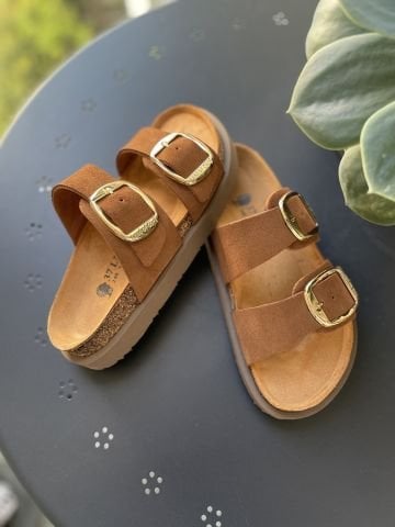 Land of Cork Anatomik Doğal Mantar Taban Büyük Toka Platform Taban Hakiki Süet Deri Terlik