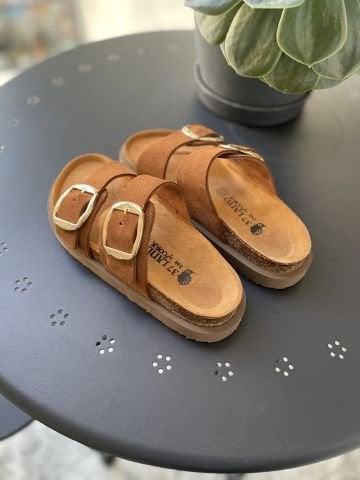 Land of Cork Anatomik Doğal Mantar Taban Büyük Toka Platform Taban Hakiki Süet Deri Terlik