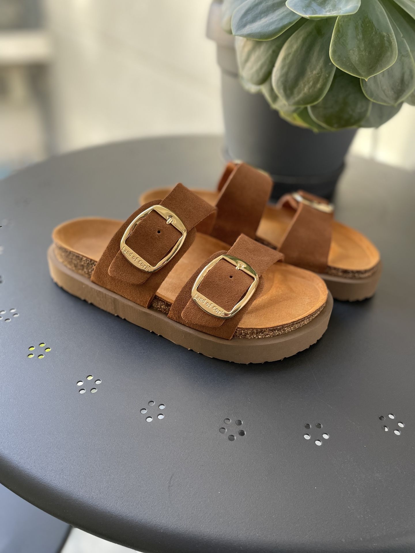 Land of Cork Anatomik Doğal Mantar Taban Büyük Toka Platform Taban Hakiki Süet Deri Terlik