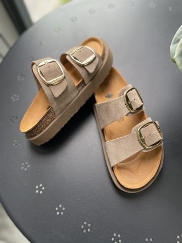 Land of Cork Anatomik Doğal Mantar Taban Büyük Toka Platform Taban Hakiki Süet Deri Terlik