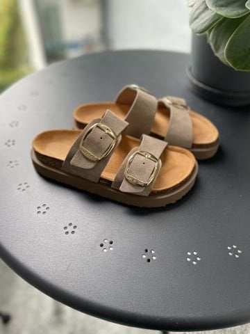 Land of Cork Anatomik Doğal Mantar Taban Büyük Toka Platform Taban Hakiki Süet Deri Terlik