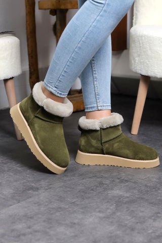 Land of Cork Hakiki Süet Deri Gerçek Kürklü Kısa Mini Kadın Bot – Sıcak Tutan Kışlık Konforlu Bot