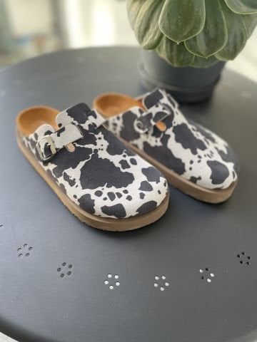 Land of Cork İnek Desenli Ortopedik Terlik – El Yapımı, Platform Taban , Mantar Taban, Kadın Günlük Terlik