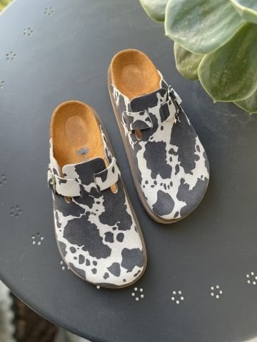 Land of Cork İnek Desenli Ortopedik Terlik – El Yapımı, Platform Taban , Mantar Taban, Kadın Günlük Terlik