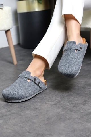 Land of Cork Mantar Taban Gri Keçe Terlik