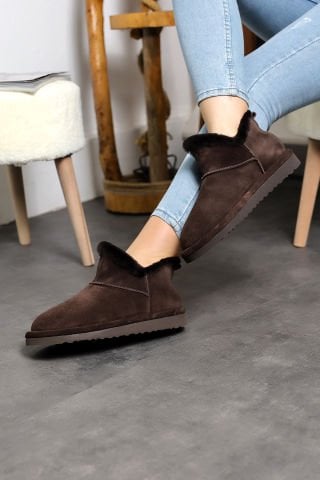 Land of Cork Mini kahve Süet Deri Yarım Bot içi gerçek kürklü Düz Taban Kadın Bot