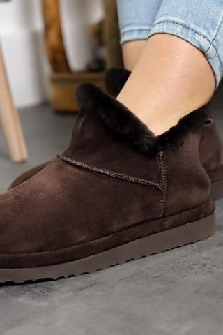 Land of Cork Mini kahve Süet Deri Yarım Bot içi gerçek kürklü Düz Taban Kadın Bot