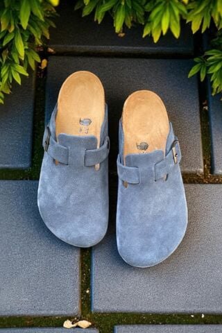 Land of Cork Unisex Kot Mavisi Süet Deri Kapalı Anatomik Doğal Mantar Taban Terlik