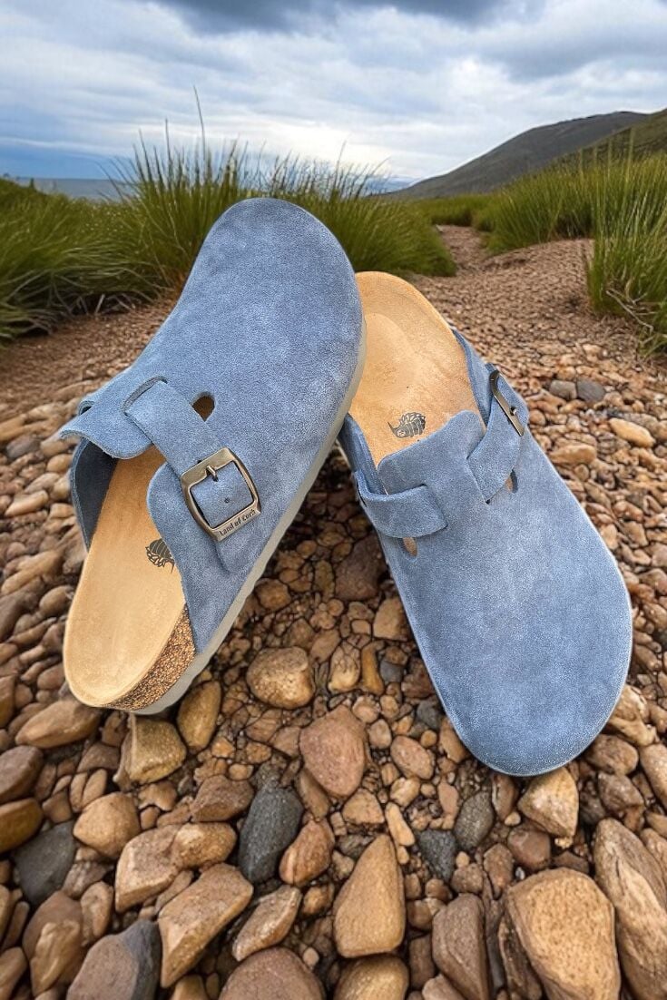 Land of Cork Unisex Kot Mavisi Süet Deri Kapalı Anatomik Doğal Mantar Taban Terlik