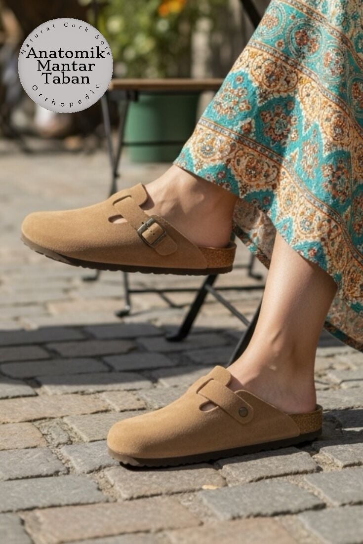 Land of Cork Unisex Bisküvi Rengi Süet Deri Kapalı Anatomik Doğal Mantar Taban Terlik