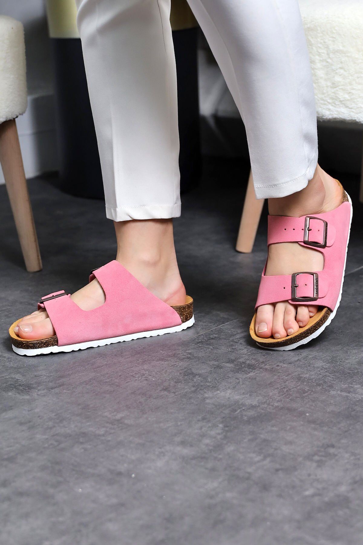 Land of Cork doğal mantar taban şeker pembe süet deri terlik
