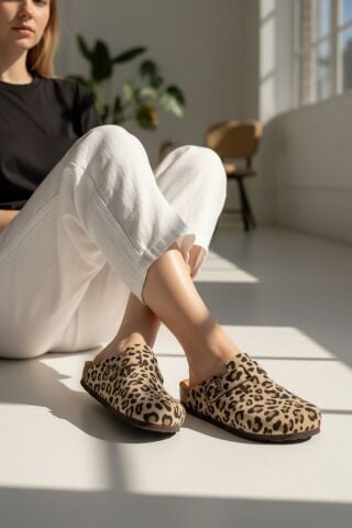 Land of Cork Anatomik Ark Destekli Doğal Mantar Taban Hakiki Süet Deri Leopar Desen Terlik
