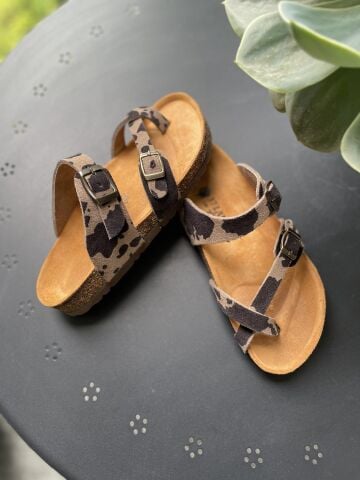 Land of Cork Anatomik Doğal Mantar Taban Parmak Arası Animal Print Kadın Terlik