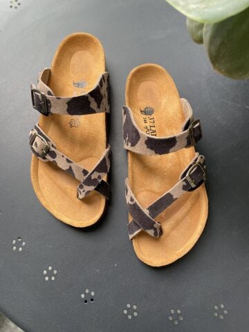 Land of Cork Anatomik Doğal Mantar Taban Parmak Arası Animal Print Kadın Terlik