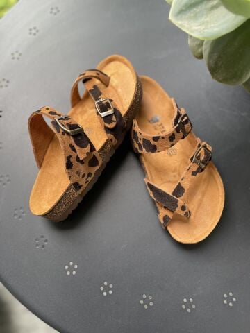 Land of Cork Anatomik Doğal Mantar Taban Parmak Arası Animal Print Kadın Terlik