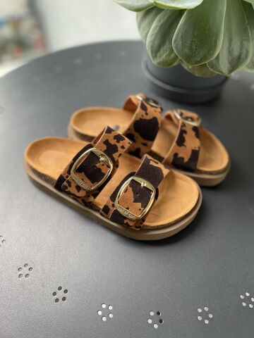 Land of Cork Platform Taban Cow Animal Desenli Ortopedik Terlik – El Yapımı, Mantar Taban, Big Buckle Kadın Günlük Terlik