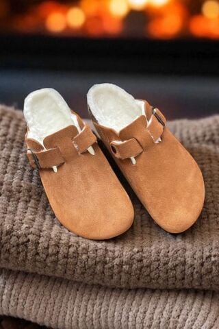 Land of Cork Anatomik Unisex Hakiki Kürklü Kapalı Terlik – Doğal Mantar Taban & Ark Destekli Konforlu Ev Terliği