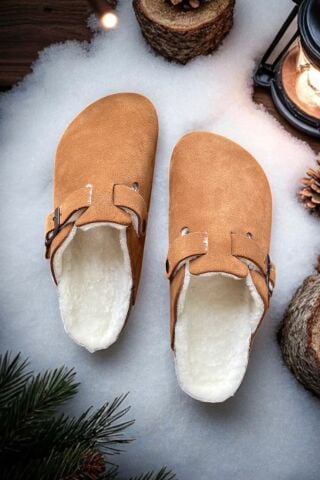 Land of Cork Anatomik Unisex Hakiki Kürklü Kapalı Terlik – Doğal Mantar Taban & Ark Destekli Konforlu Ev Terliği