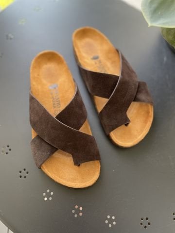 Land of Cork Parmak Arası Süet Deri Kadın Terlik – Anatomik Doğal Mantar Taban