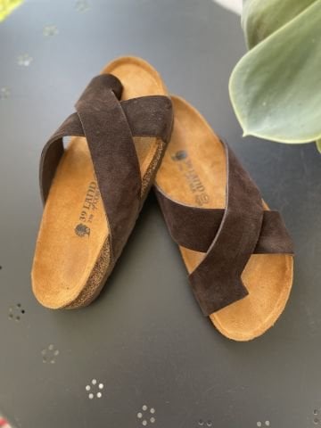 Land of Cork Parmak Arası Süet Deri Kadın Terlik – Anatomik Doğal Mantar Taban
