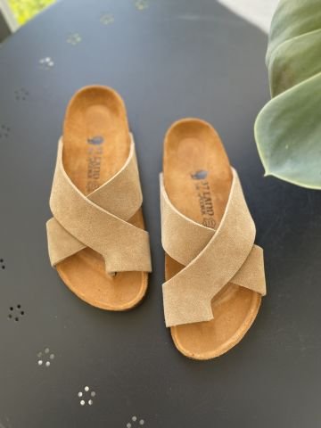 Land of Cork Parmak Arası Süet Deri Kadın Terlik – Anatomik Doğal Mantar Taban