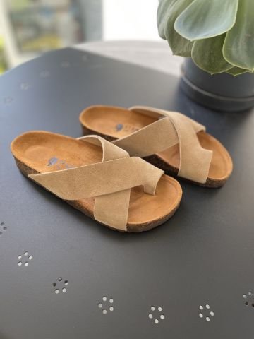 Land of Cork Parmak Arası Süet Deri Kadın Terlik – Anatomik Doğal Mantar Taban