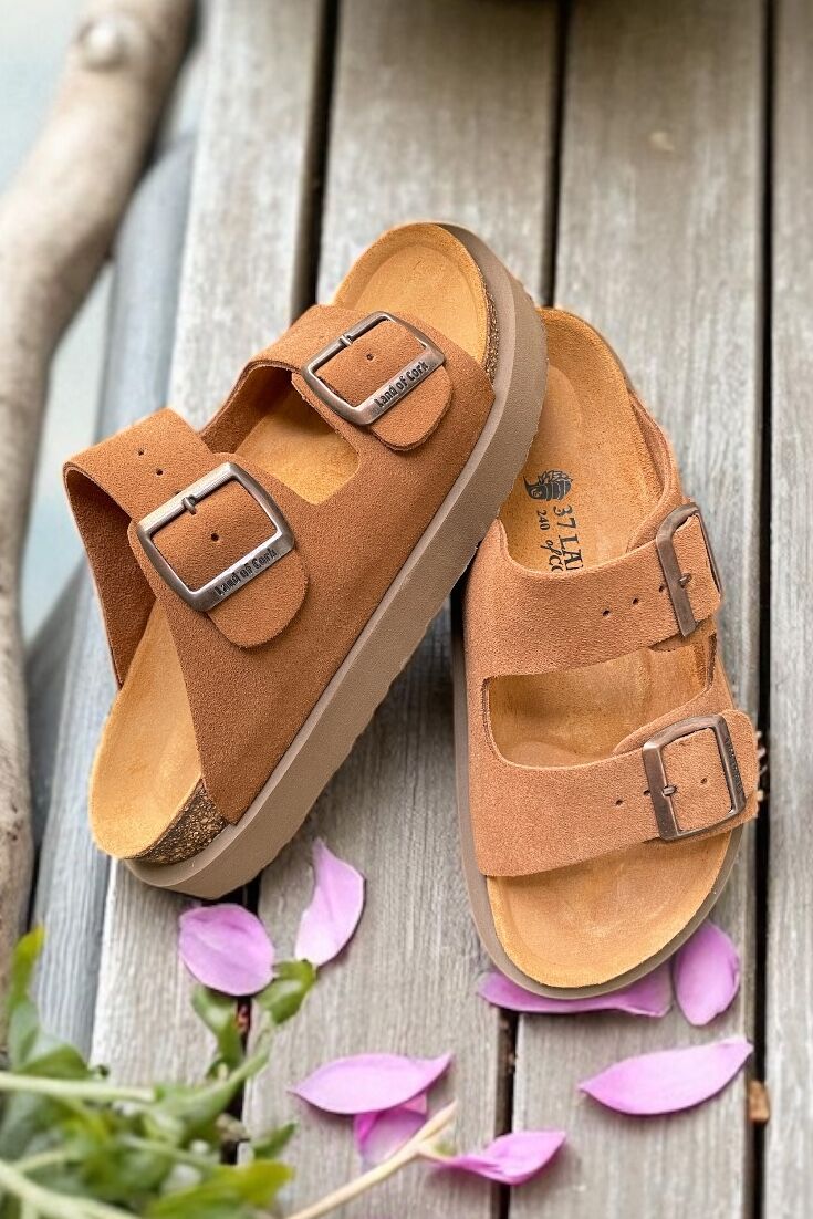 Land of Cork Hakiki Deri Kadın Terlik | Doğal Mantar Taban & Ark Destekli