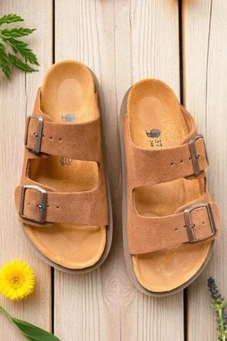 Land of Cork Hakiki Deri Kadın Terlik | Doğal Mantar Taban & Ark Destekli