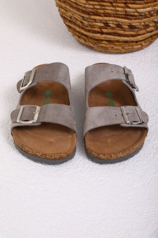 Land of Cork Mantar Taban Gri Deri Terlik